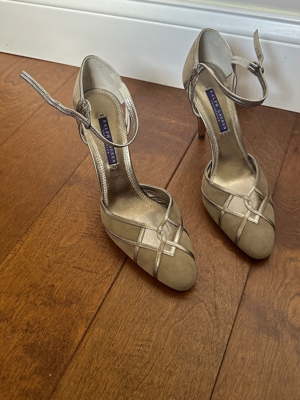 Ralph Lauren Collection Taupe/Grey Metallic Ankle-Strap Heels